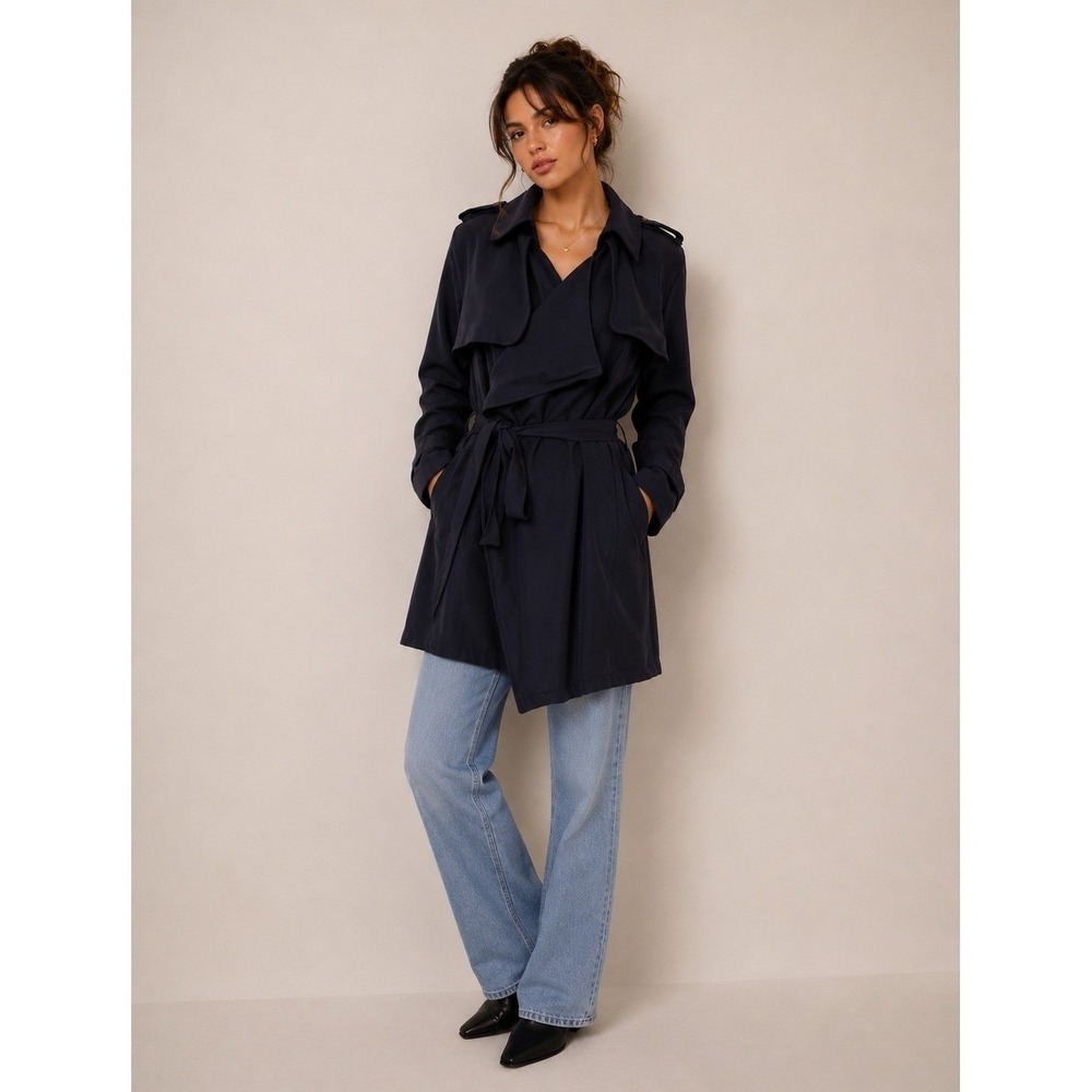 Zara Womens Medium‎ Navy Blue Drapey Waterfall Trench Coat Belted Jacket Size M